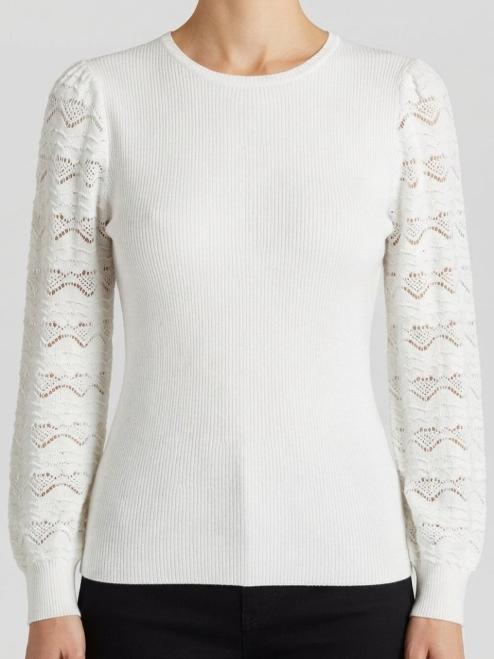 NANETTE LEPORE | White Lace Sleeve Ribbed Knit Sweater Size Medium